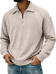Men's Waffle Lapel Zipper Design Split Stitching Polo Shirt