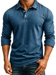 Men's Retro Fashion Distressed Lapel Long-sleeved Polo Shirt