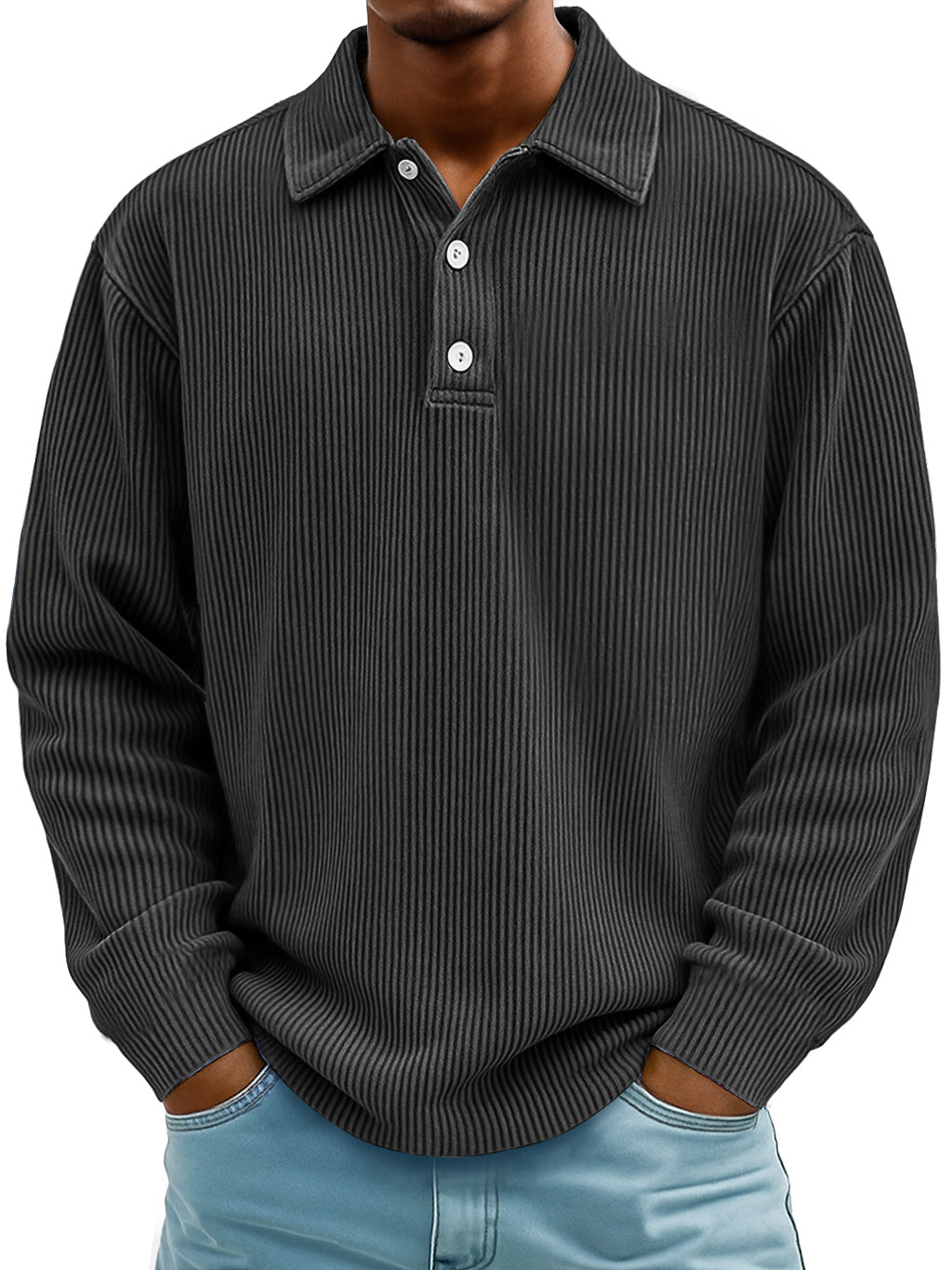 Men's Daily Casual Ribbed Lapel Button-down Loose Long-sleeved Polo Shirt