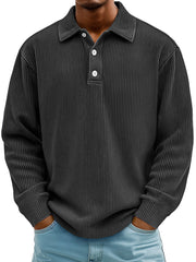 Men's Daily Casual Ribbed Lapel Button-down Loose Long-sleeved Polo Shirt