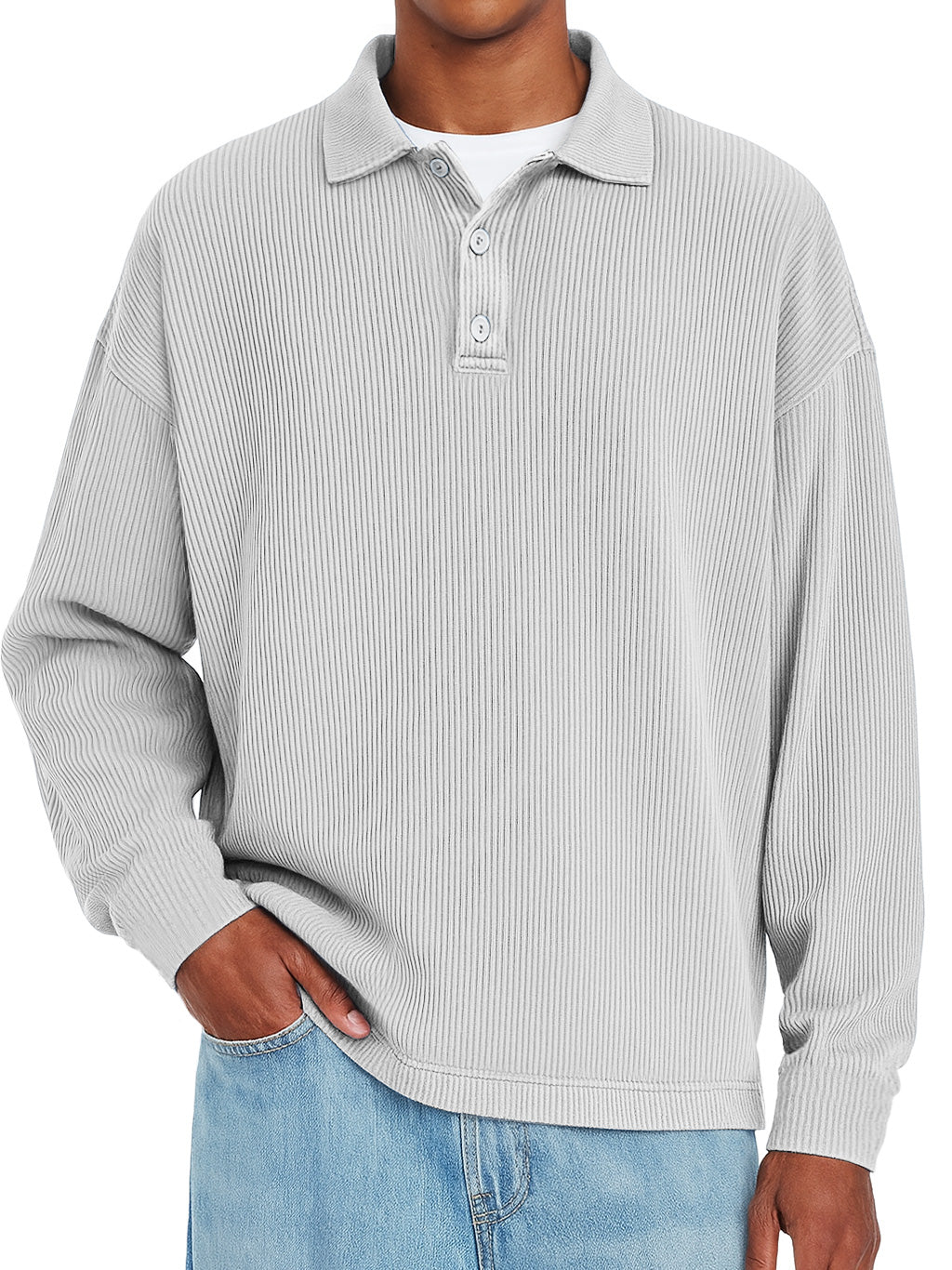 Men's Daily Ribbed Lapel Button-down Casual Solid Color Long-sleeved Polo Shirt