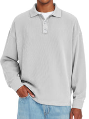 Men's Daily Ribbed Lapel Button-down Casual Solid Color Long-sleeved Polo Shirt