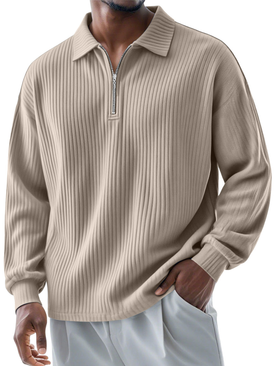 Men's Fashionable Ribbed Lapel Zipper Casual Long-sleeved Polo Shirt