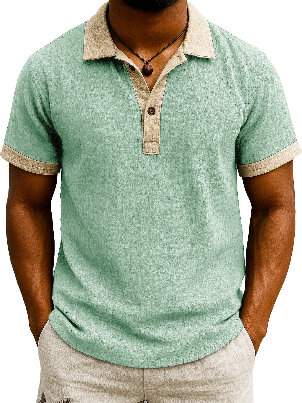  Men's Fashion Retro Hemp Fabric Patchwork Contrast Color Short-sleeved Polo Shirt 