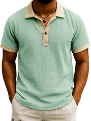  Men's Fashion Retro Hemp Fabric Patchwork Contrast Color Short-sleeved Polo Shirt 
