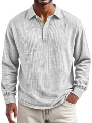 Men's Everyday Pleated Lapel Button-down Casual Long-sleeved Polo Shirt