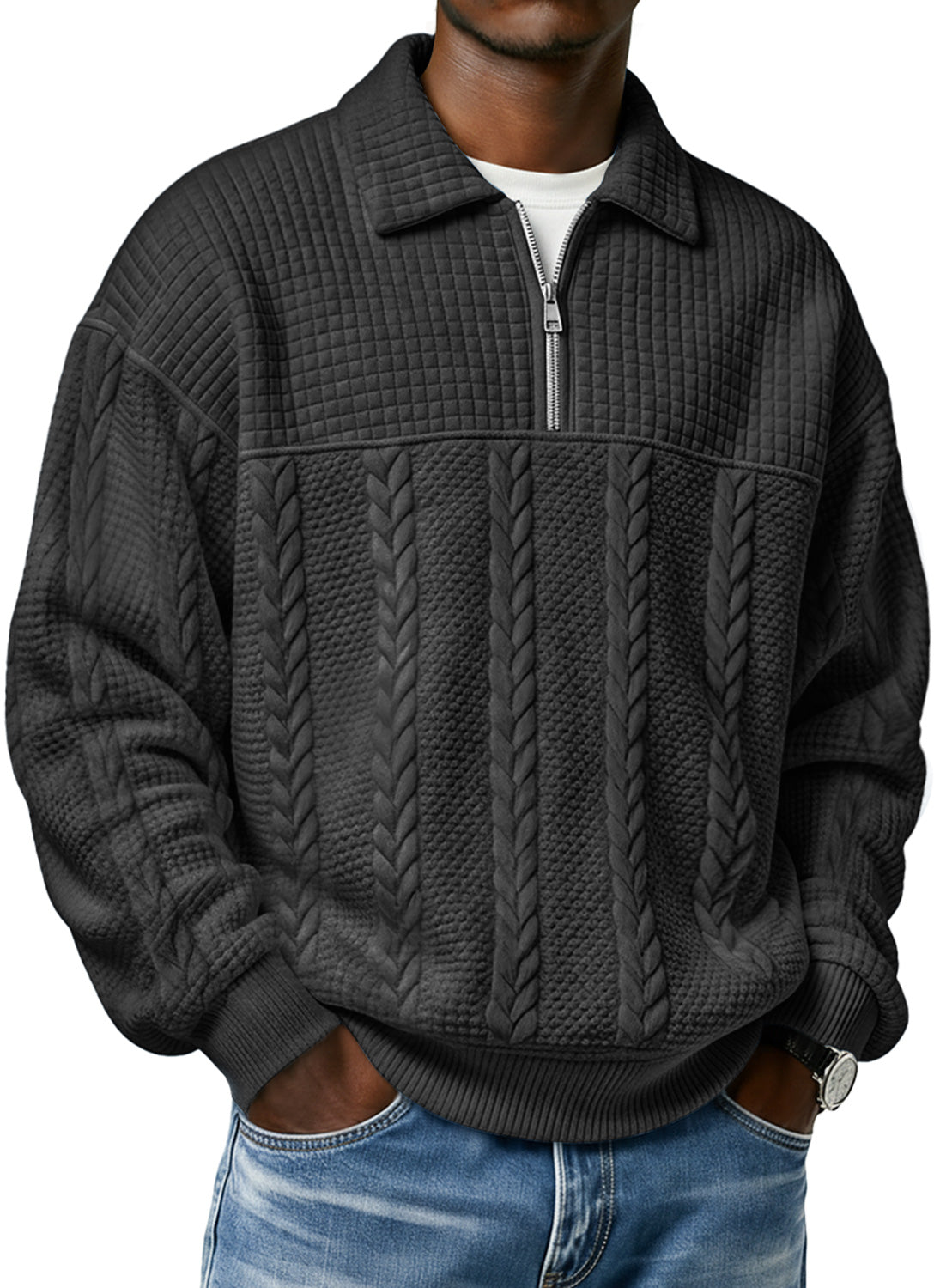 Men's Textured Lapel Zipper Casual Long Sleeve Polo Shirt