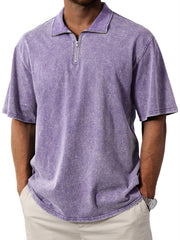 Men's Retro  Stand Collar Zipper Solid Color Short Sleeve T-Shirt