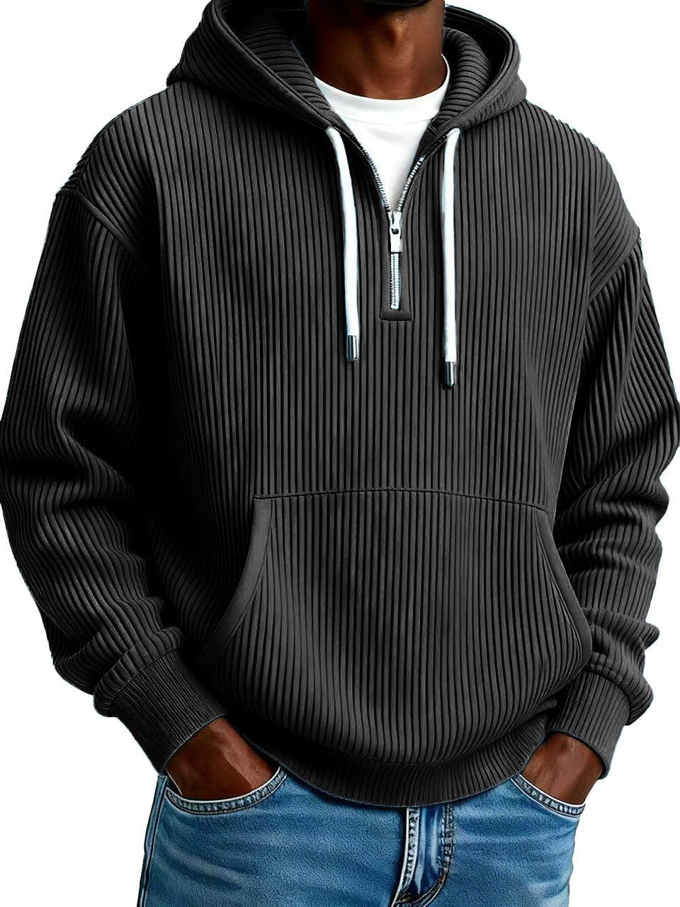 Men's Stylish Casual Ribbed Fabric Half-zip Pocket Hooded Sweatshirt