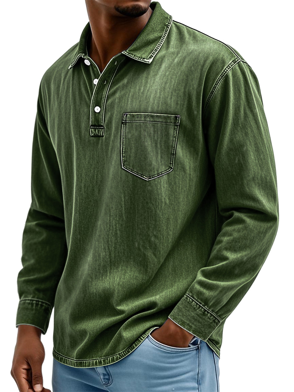 Men's Vintage Cotton Washed Lapel Button Casual Long Sleeve Polo Shirt