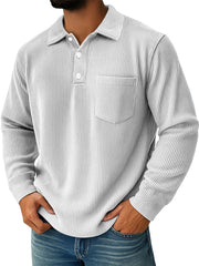 Men's Daily Ribbed Lapel Button-down Casual Pocket Long-sleeved Polo Shirt