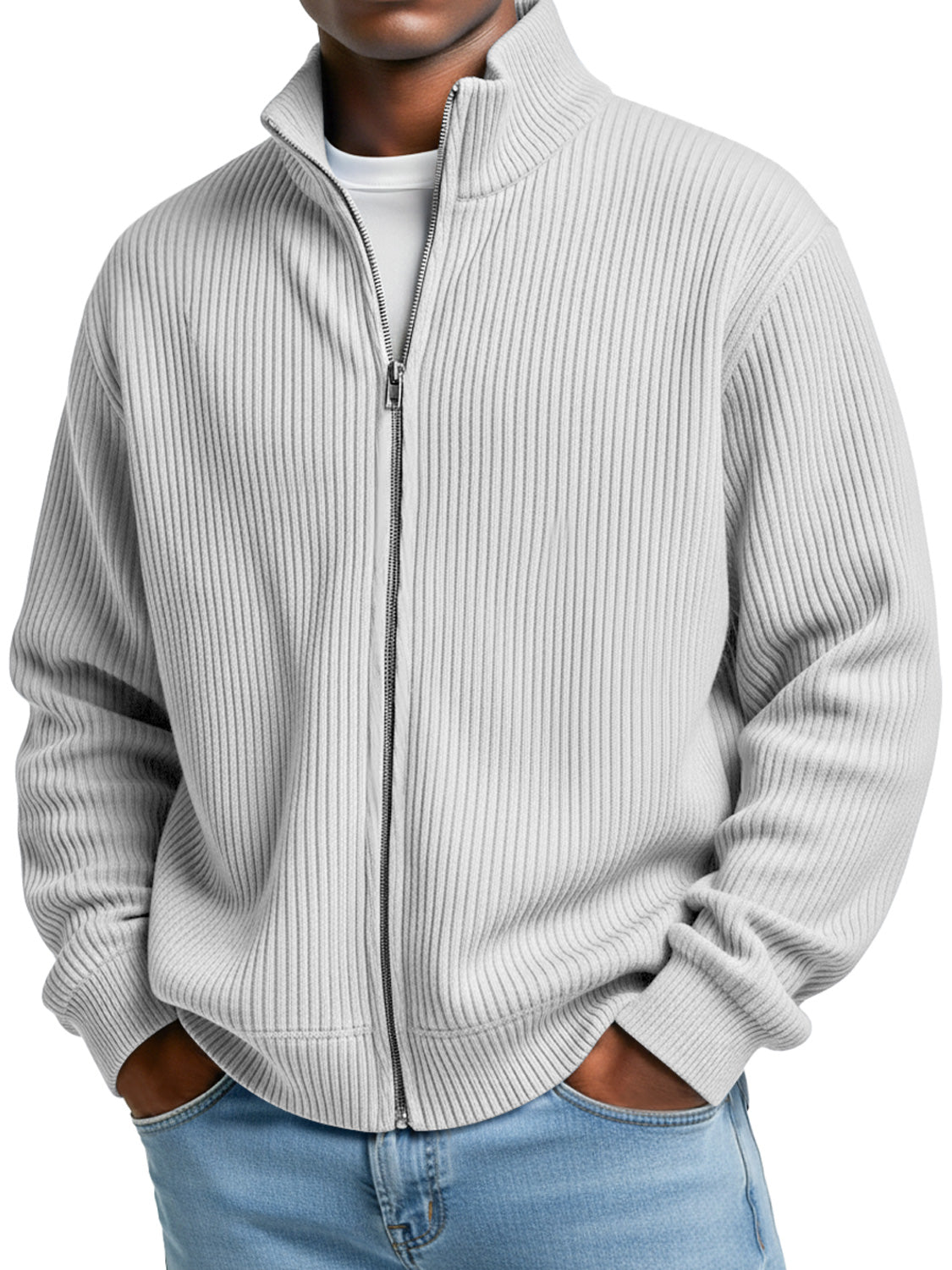 Men's Simple Stand-up Collar Ribbed Casual Loose Zipper Jacket
