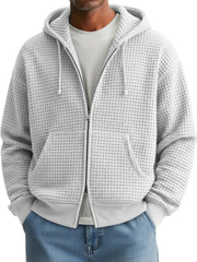 Men's Fashion Waffle Texture Casual Loose Hooded Zipper Jacket