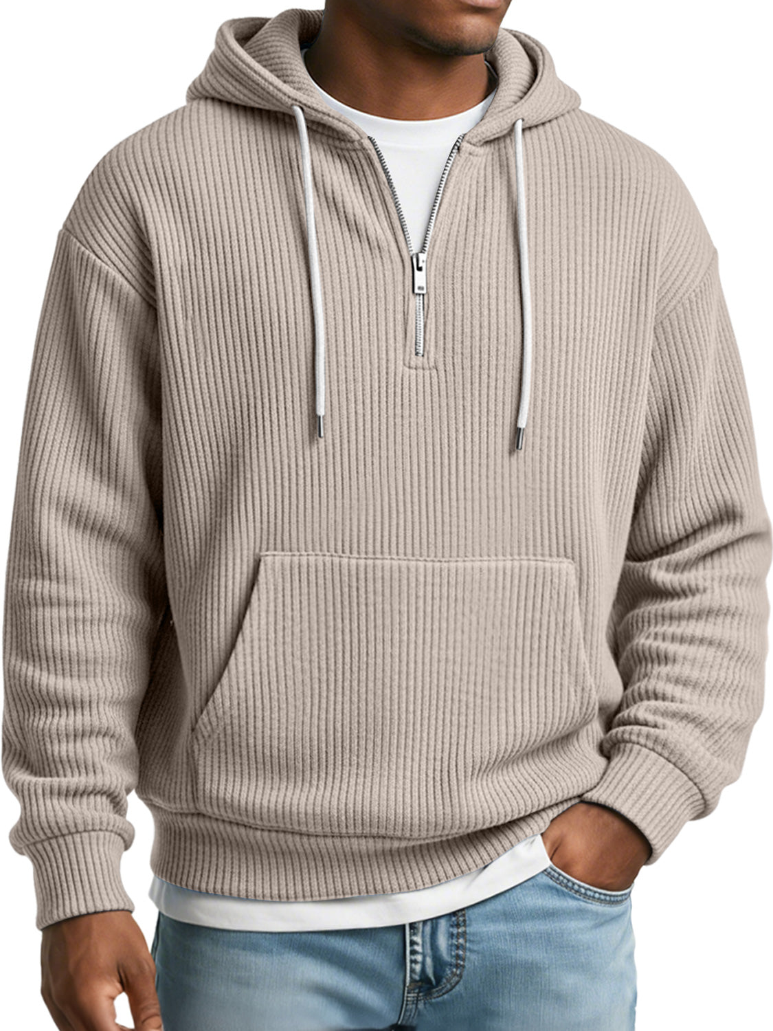 Men's Simple Ribbed Textured Hooded Zippered Casual Loose Sweatshirt