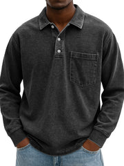 Men's Stylish Vintage Distressed Pocket Lapel Long-sleeved Polo Shirt 