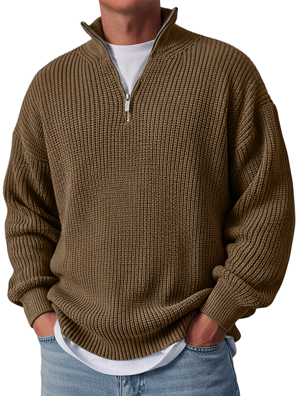 Men's Simple Casual Loose Stand Collar Zipper Solid Color Sweater