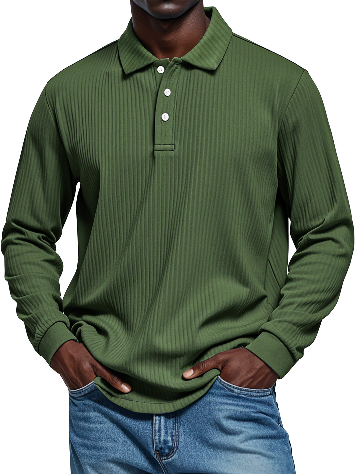 Men's Pit Texture Casual Button Solid Color Long-sleeved Polo Shirt