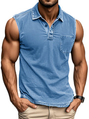 Men's Fashion Daily Distressed Fabric Pocket Sleeveless Polo Shirt 