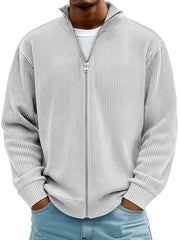Men's Simple Ribbed Textured Stand Collar Zipper Loose Jacket