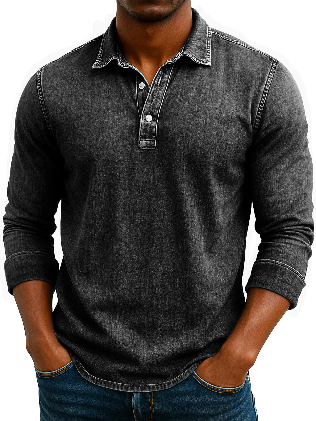 Men's Stylish Retro Washed And Distressed Lapel Long-sleeved Polo Shirt 