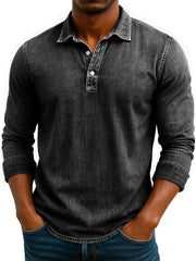 Men's Stylish Retro Washed And Distressed Lapel Long-sleeved Polo Shirt 