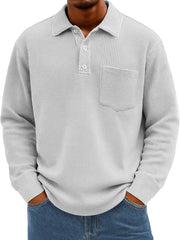 Men's Everyday Waffle Lapel Button Casual Pocket Long Sleeve Polo Shirt