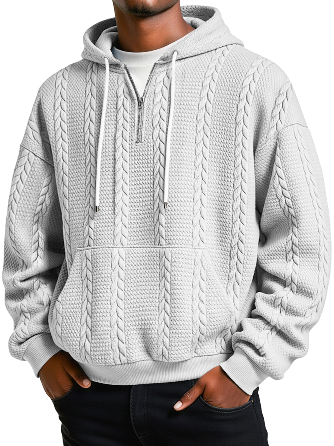 Men's Jacquard Texture Casual Zipper Hooded Loose Sweatshirt