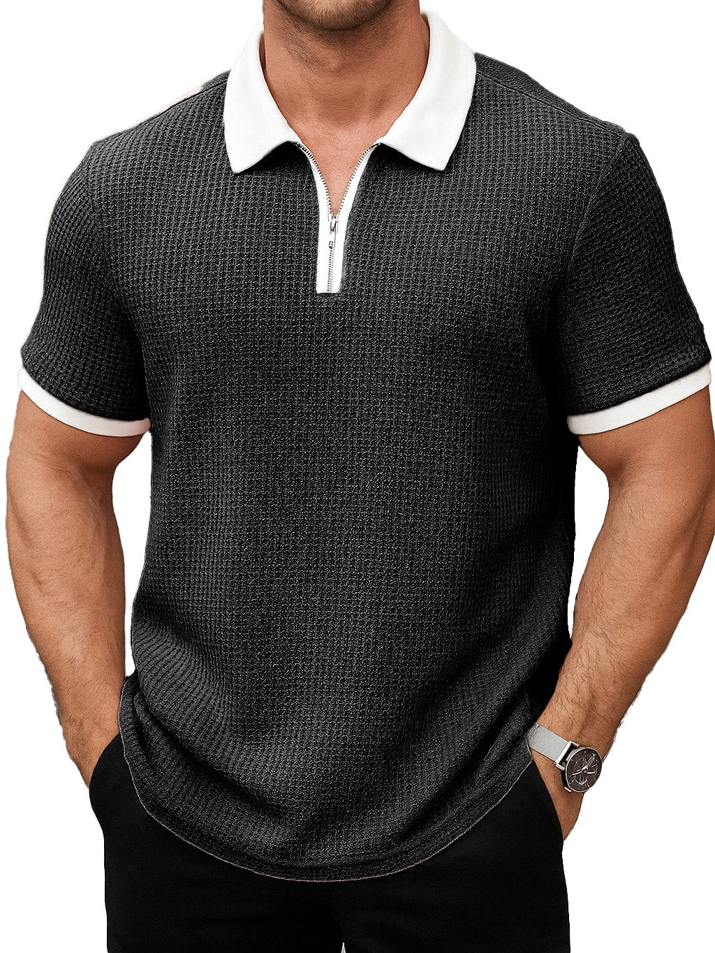 Men's Daily Casual Patchwork Waffle Fabric Lapel Short-sleeved Polo Shirt 