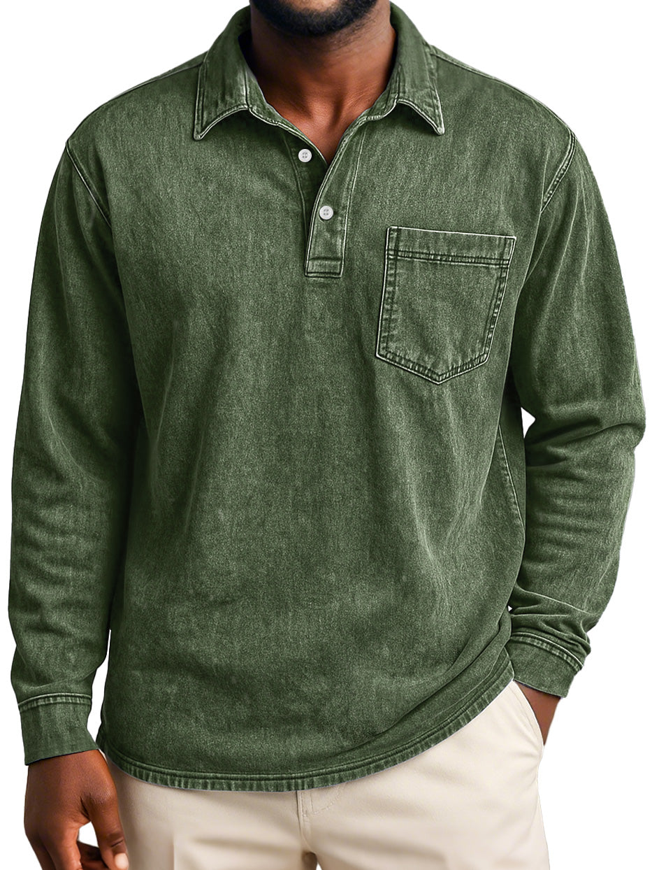 Men's Retro Casual Lapel Pocket Distressed Long-sleeved Polo Shirt