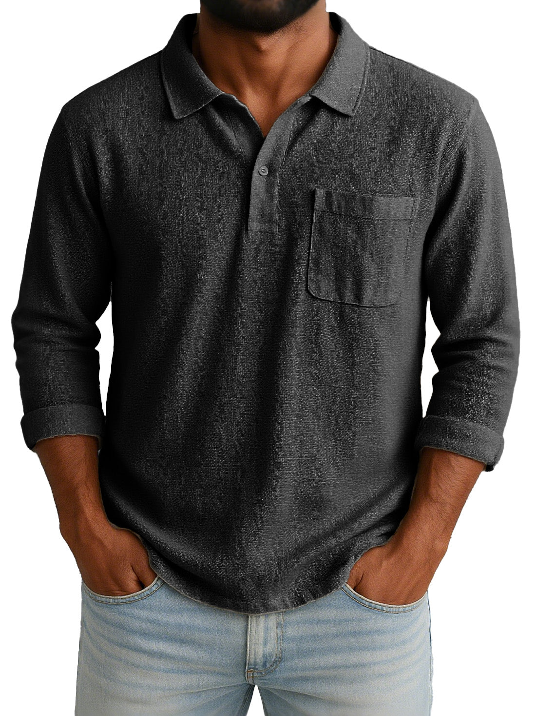 Men's Retro-chic Ramie Fabric Long-sleeved Polo Shirt With Loose-fitting Drawstring Waist And Embroidered Logo 