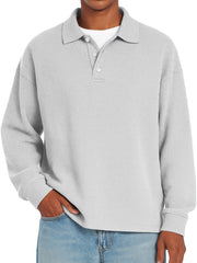 Men's Daily Waffle Casual Lapel Button Loose Long Sleeve Polo Shirt