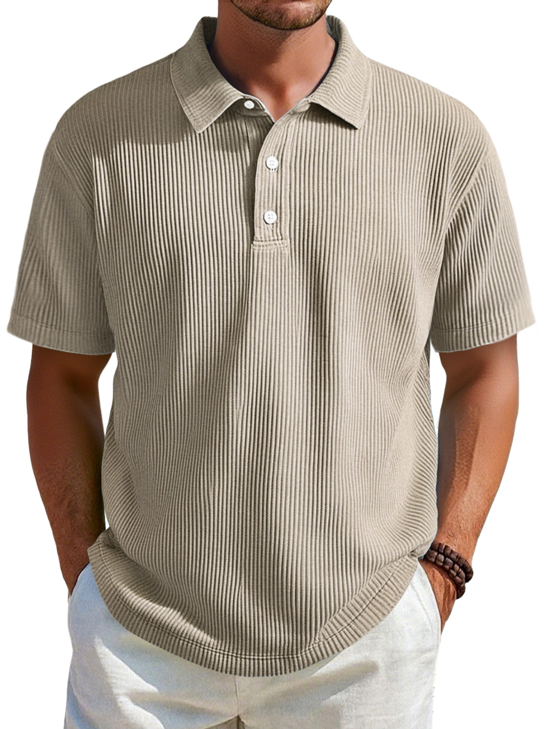 Men's Daily Ribbed Lapel Button Casual Solid Color Short-sleeved Polo Shirt
