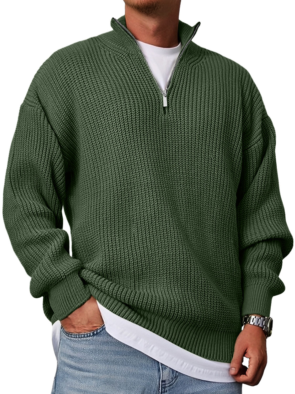 Men's Casual Fashion Loose Stand Collar Zipper Solid Color Sweater