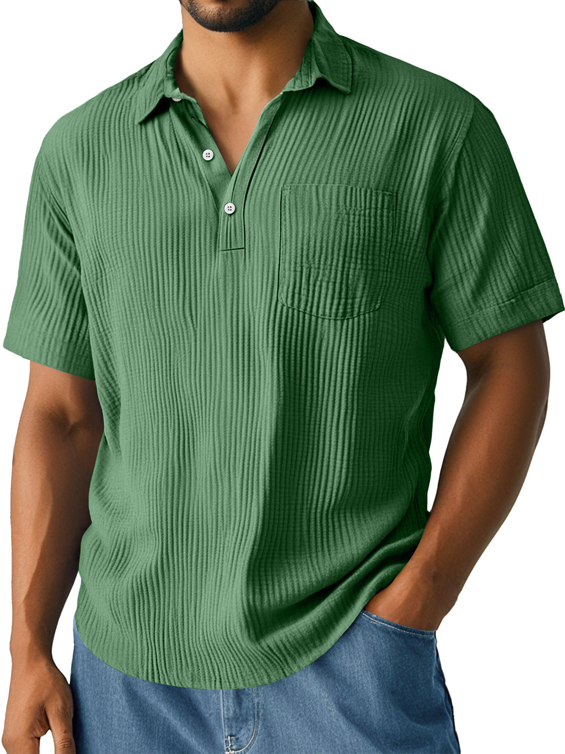Men's Daily Pleated Texture Lapel Pocket Casual Short-sleeved Polo Shirt
