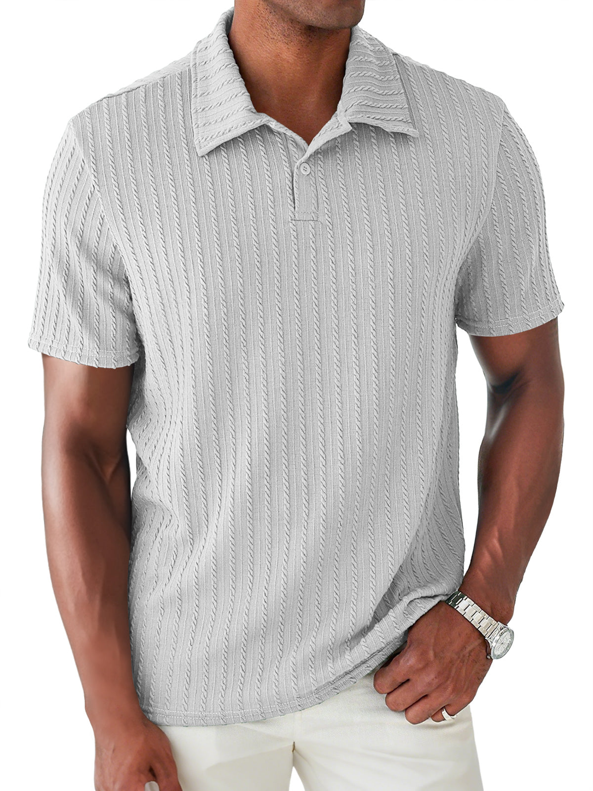 Men's Daily Jacquard Texture Lapel Button Casual Short Sleeve POLO Shirt