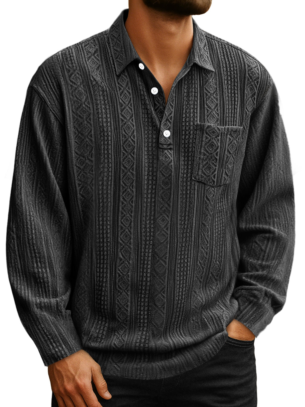Men's Daily Jacquard Texture Lapel Button Casual Long-sleeved Polo Shirt