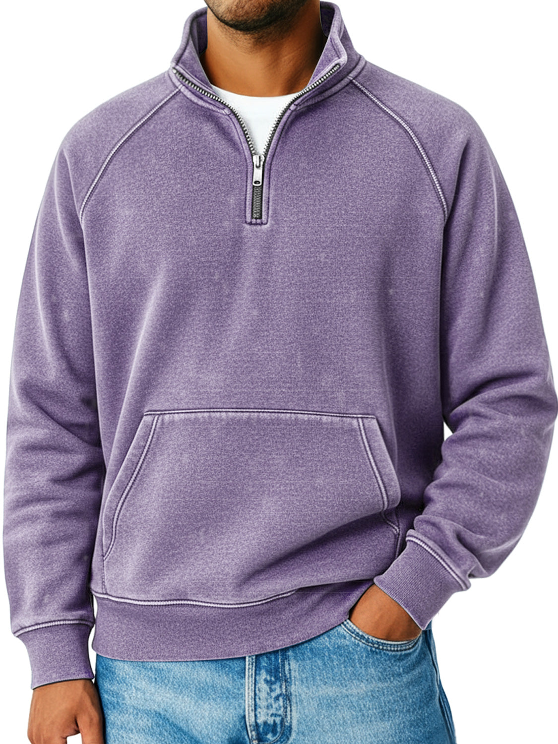 Men's Retro Raglan Sleeve Stand Collar Zipper Loose Casual Sweatshirt