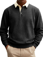 Men's Stylish Casual Everyday Cotton Long-sleeved Lapel Sweatshirt Polo Shirt With A Patchwork Collar