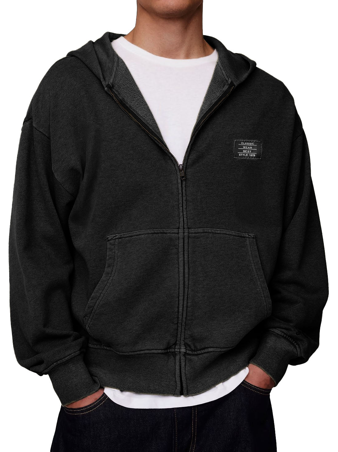 Men's Stylish Retro Outdoor Loose-fitting Embroidered Logo Pocket Long-sleeved Zip-up Hooded Sweatshirt