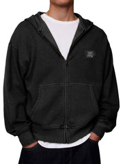 Men's Stylish Retro Outdoor Loose-fitting Embroidered Logo Pocket Long-sleeved Zip-up Hooded Sweatshirt