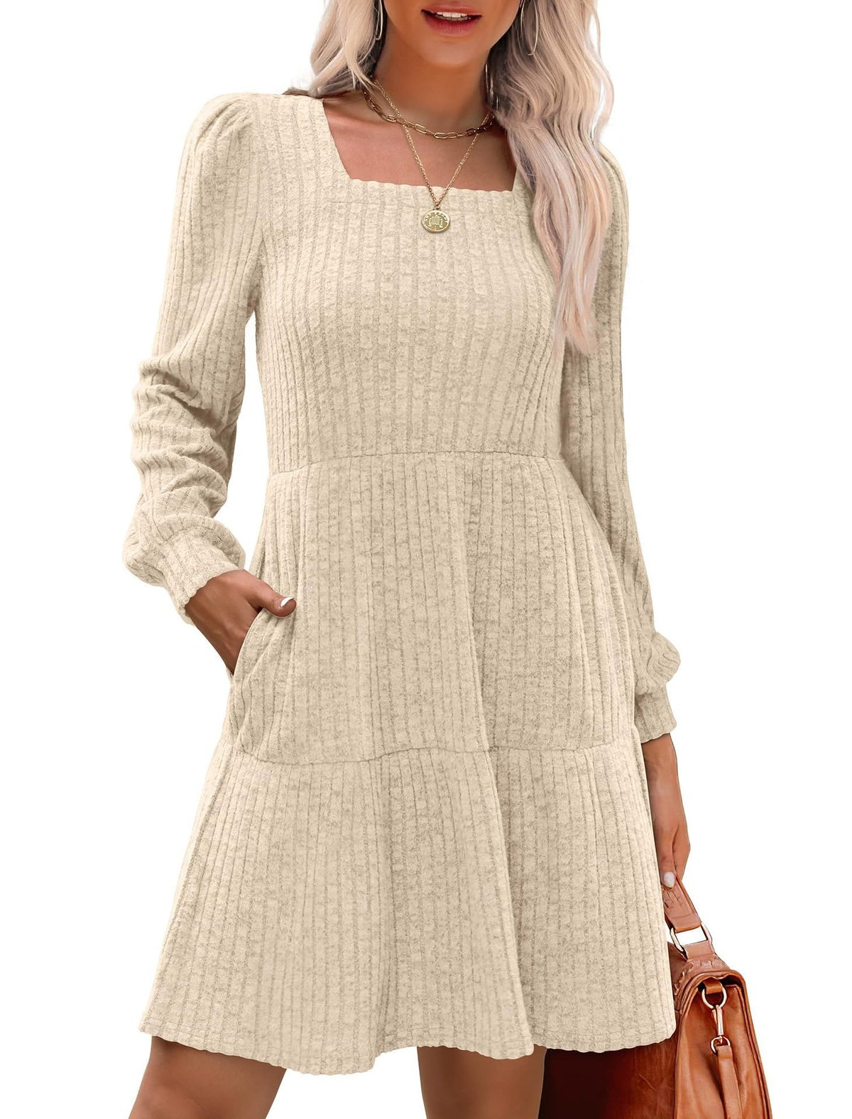 🔥Women's Square Neck Long Sleeve Fall Dresses Casual Babydoll Sweater Dress