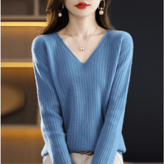 Women's V-Neck Pullover Long Sleeve Solid Color Cashmere Sweater