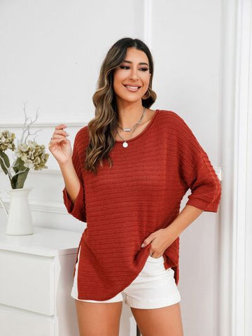 Women's Rolled Round Neck Dropped Shoulder Slit Sweater