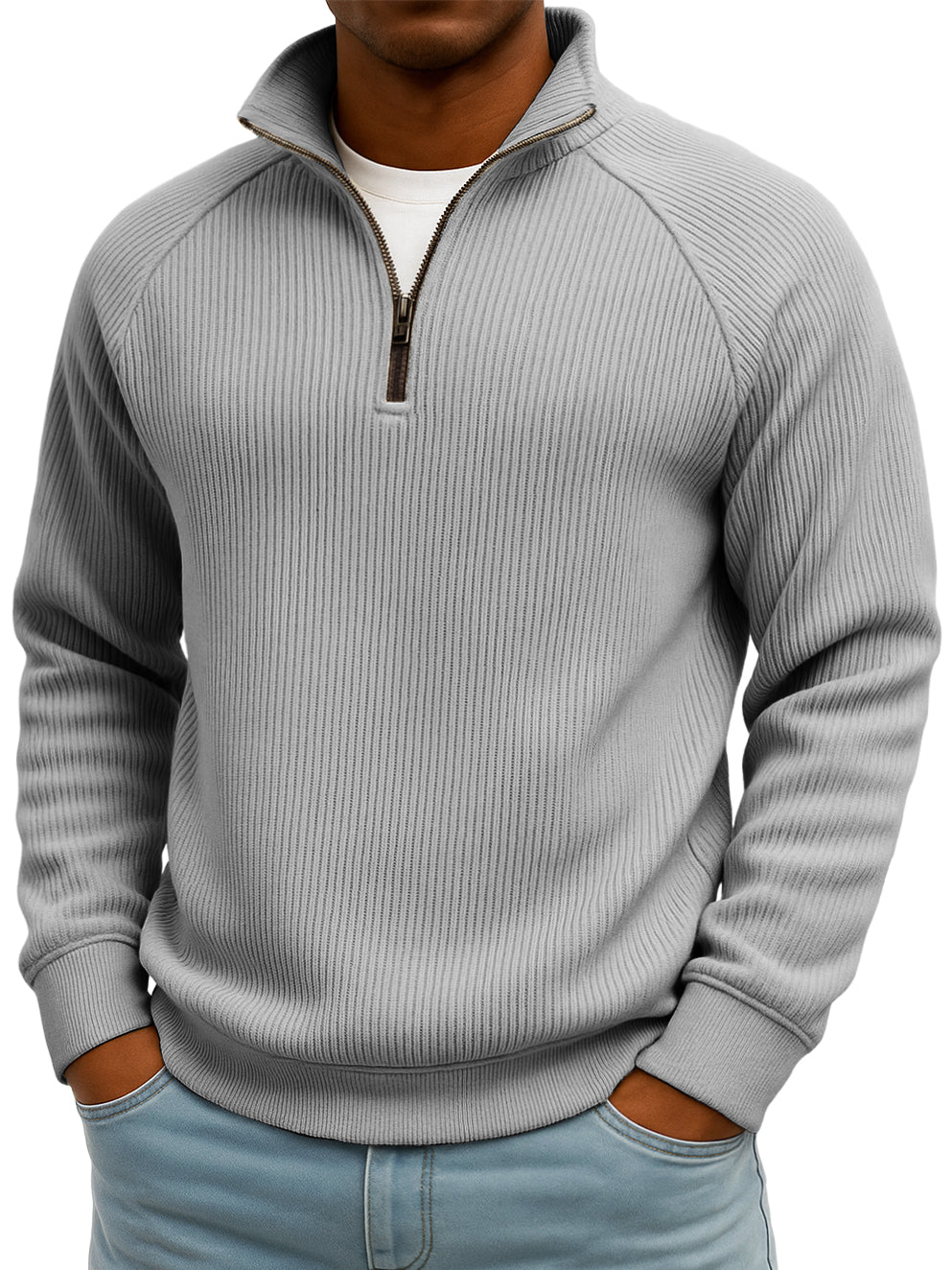 Men's Simple Casual Ribbed Stand-up Collar Quarter Zip Raglan Sleeve Sweatshirt