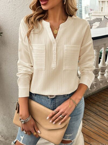 Devine Pocketed Notched Long Sleeve Blouse