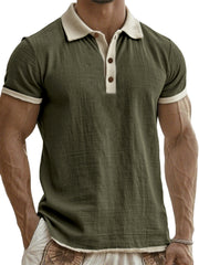 Men's Breathable Linen Crinkled Casual Colorblock Vacation Daily Short-sleeved Polo Shirt