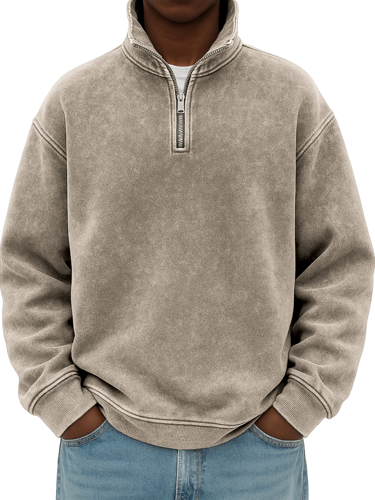 Men's Stylish Quarter-zip Distressed Stand Collar Basic Pullover