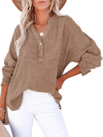 Womens Casual Button V Neck Long Sleeve Shirts Oversized Solid Blouses Tops