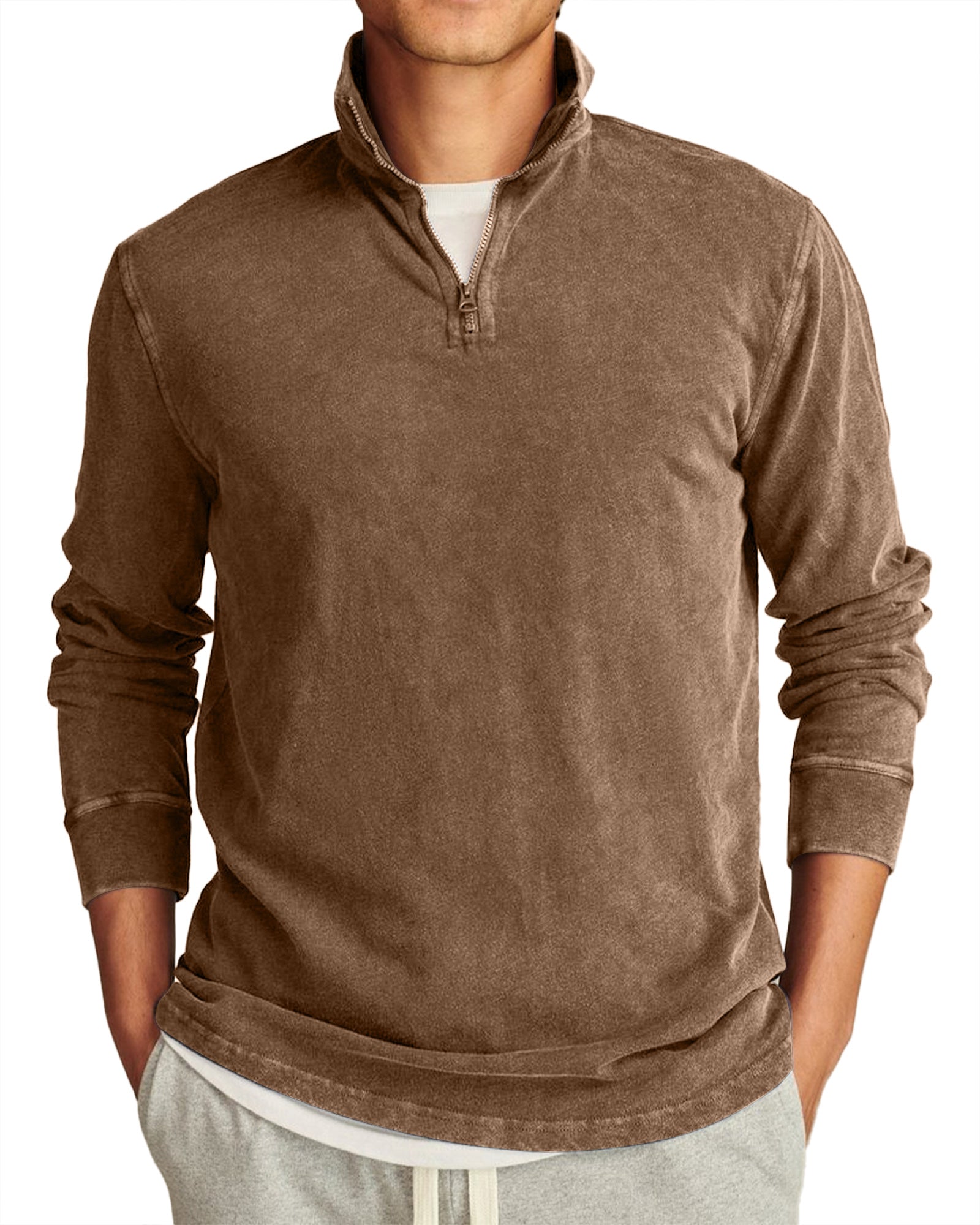 Men's Retro Casual Stand Collar Half-Zip Solid Color Long Sleeve T-Shirt