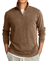 Men's Retro Casual Stand Collar Half-Zip Solid Color Long Sleeve T-Shirt